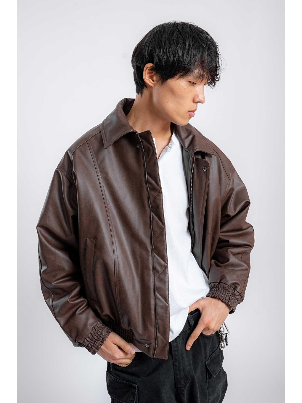 Erkek Oversize Fermuarlı Basic Deri Mont Kahverengi-1