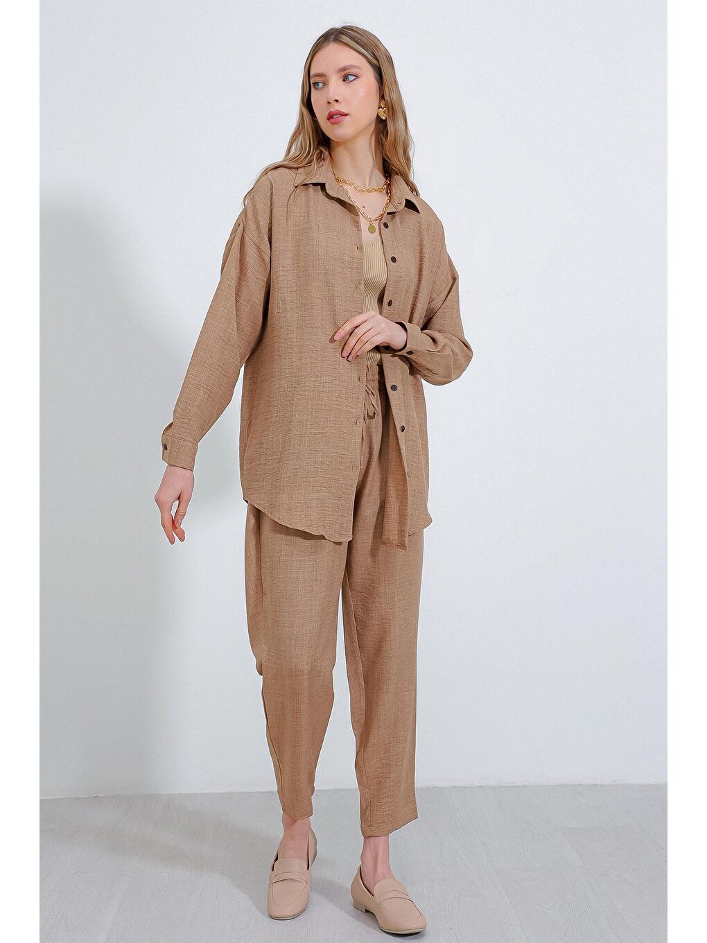 Sarı Kadın Camel Oversize Keten Alt Üst Takım 6622-1