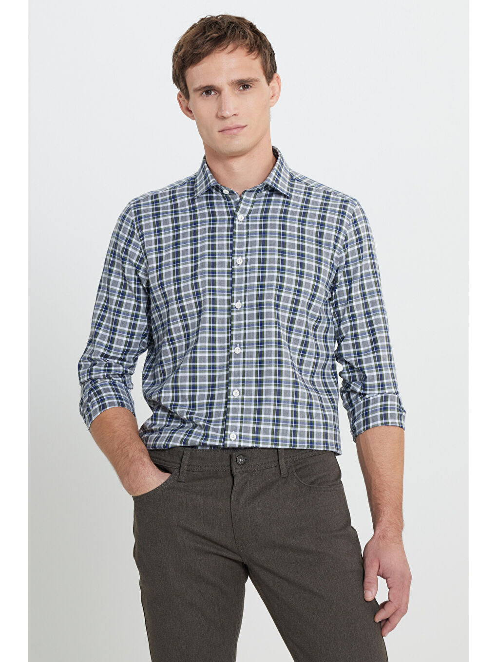 Erkek Haki-Beyaz %100 Pamuk Oxford Slim Fit Dar Kesim Klasik Yaka Kareli Gömlek