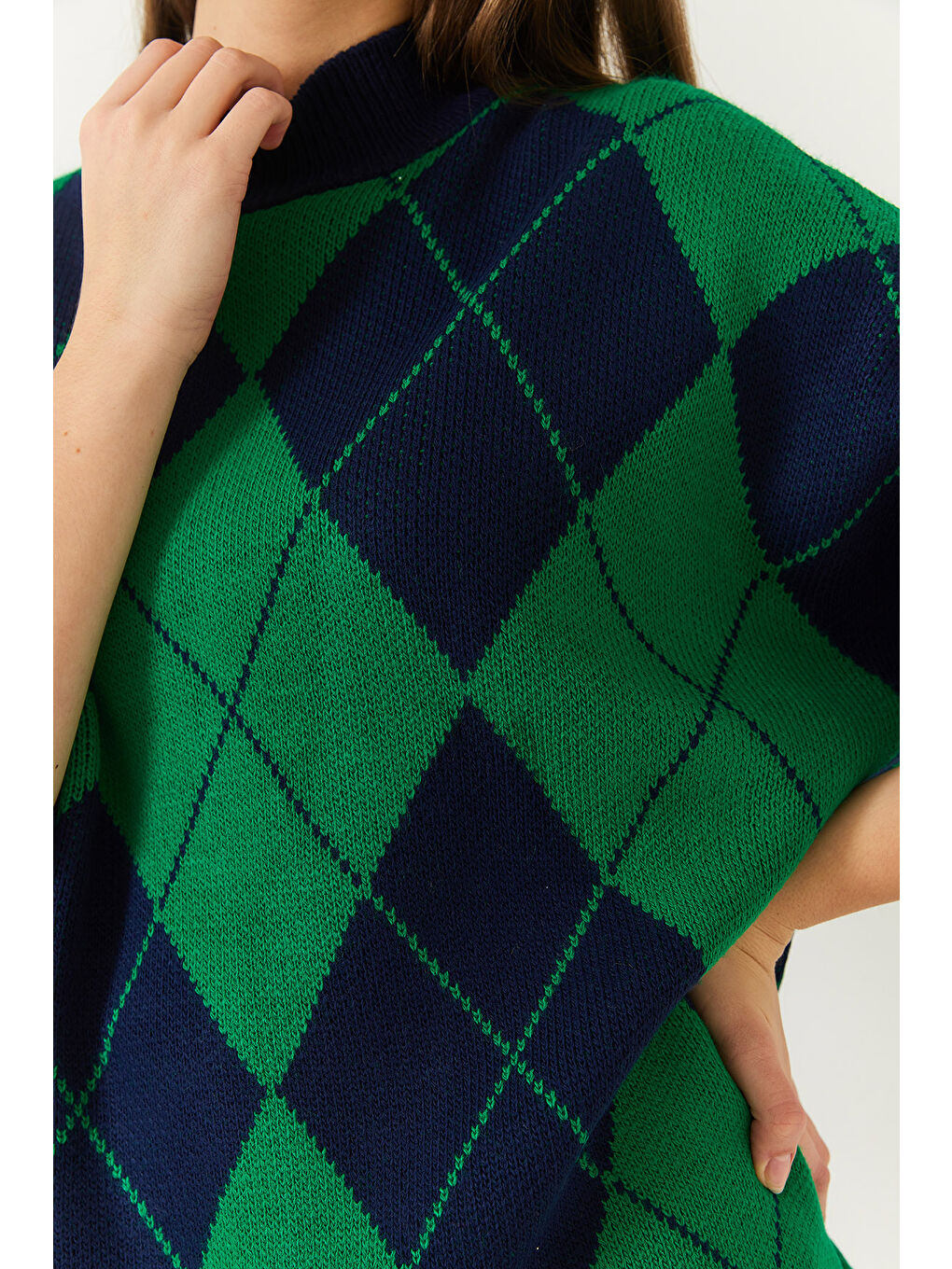 Lacivert Kadın Baklava Desenli Yarım Balıkçı Yaka Oversize Kalın Triko Kazak-5