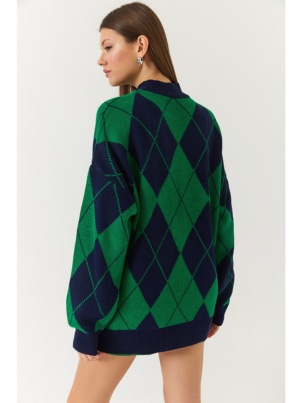 Lacivert Kadın Baklava Desenli Yarım Balıkçı Yaka Oversize Kalın Triko Kazak-6