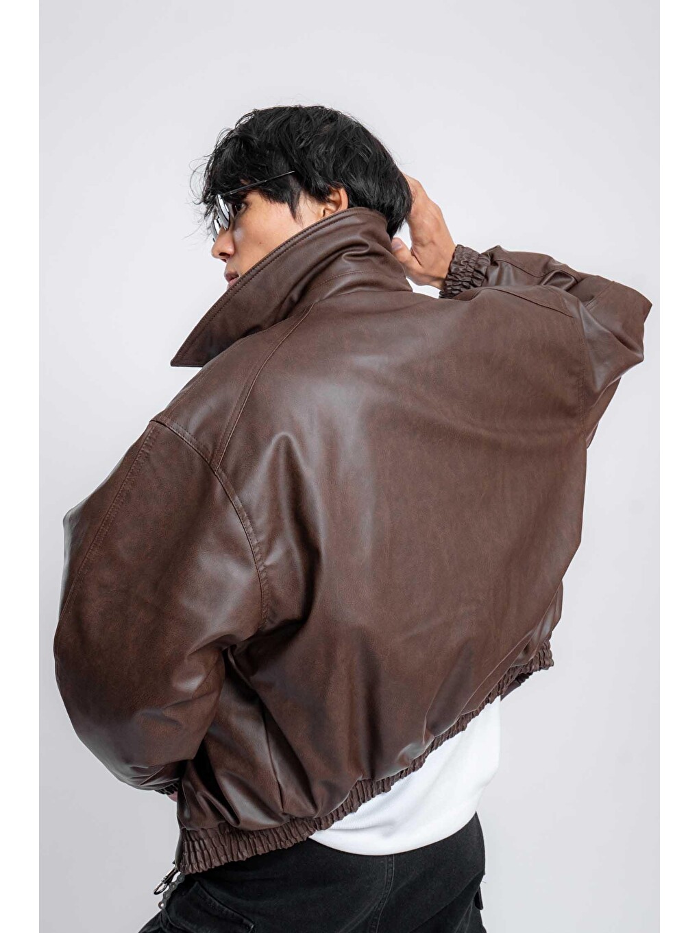 Erkek Oversize Fermuarlı Basic Deri Mont Kahverengi-4