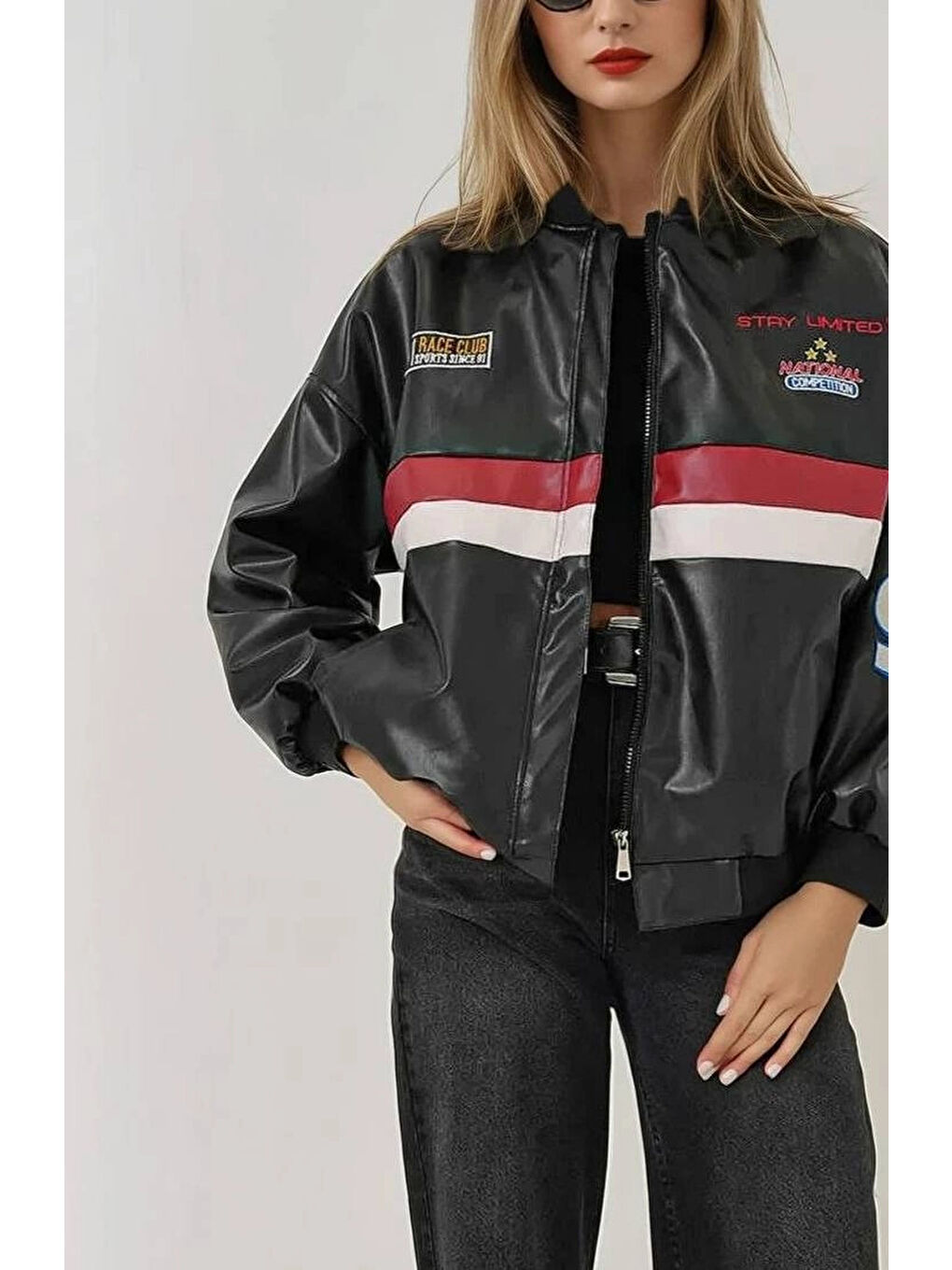 Kadın Siyah Oversize Baskılı Suni Deri Bomber Ceket HZL25W-BD110431-2