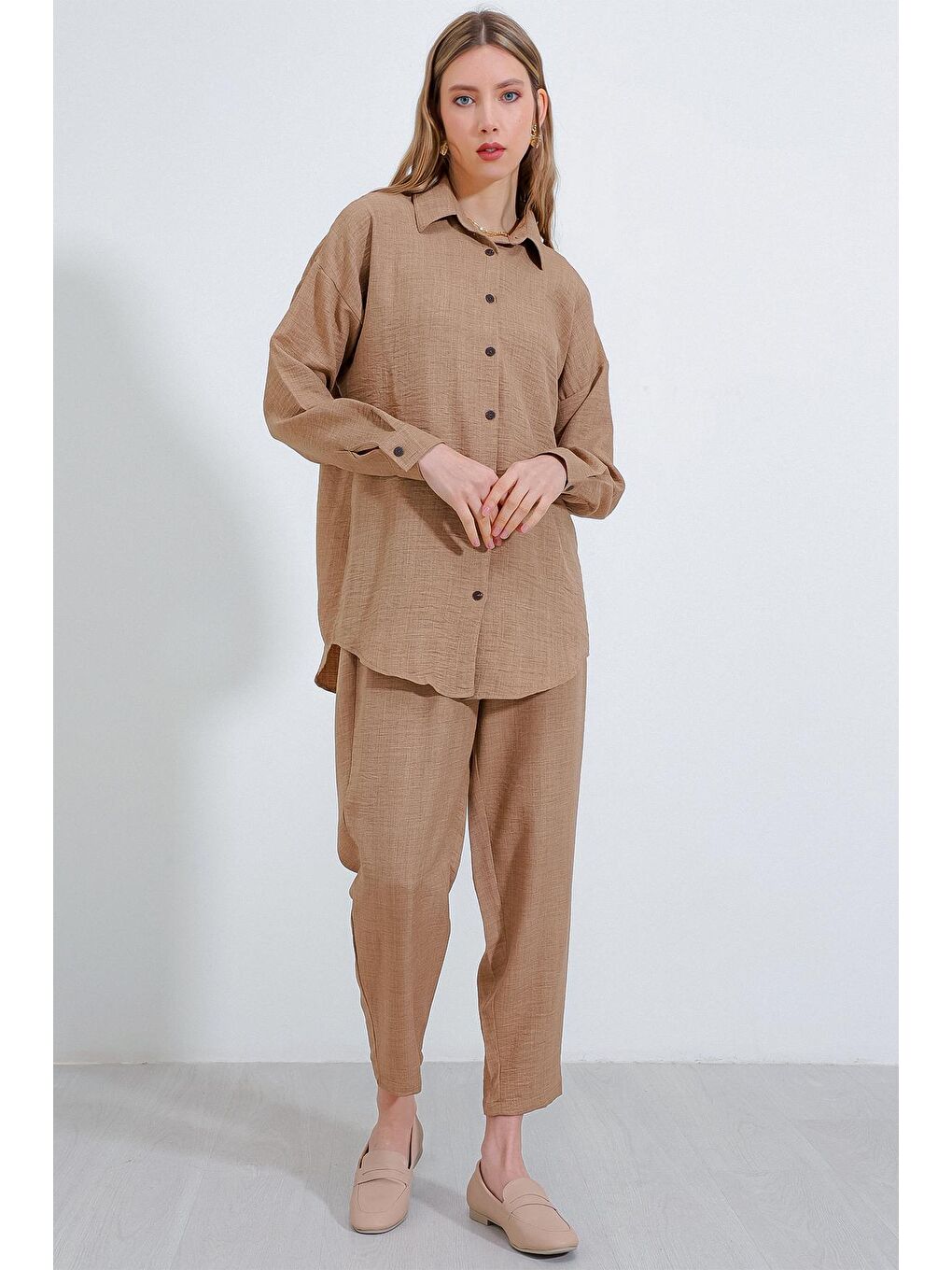 Sarı Kadın Camel Oversize Keten Alt Üst Takım 6622-2