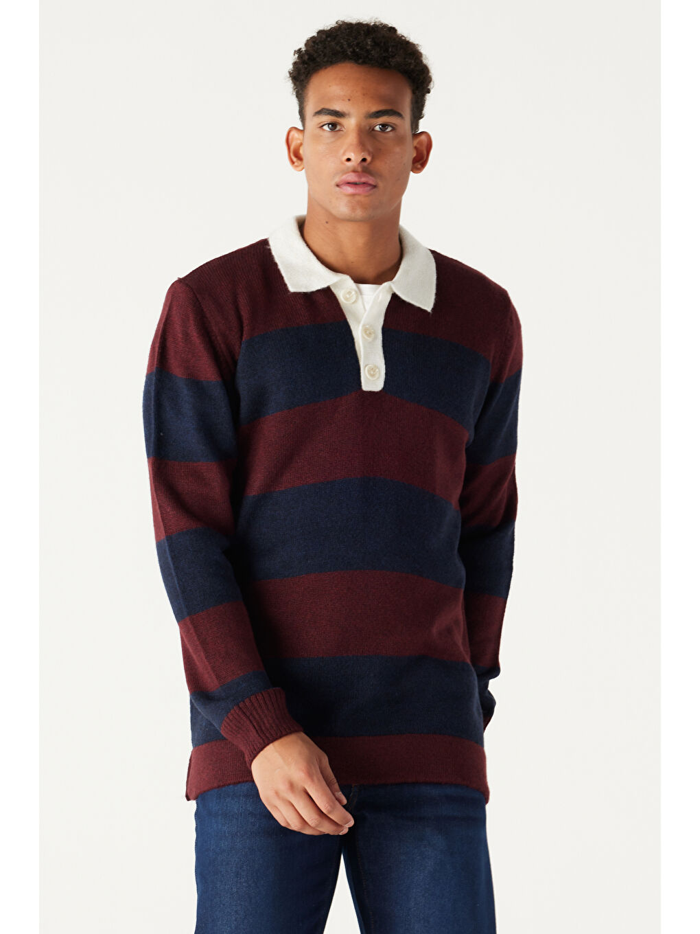 Erkek Bordo-Lacivert Standart Fit Normal Kesim Polo Yaka Çizgili Triko-2