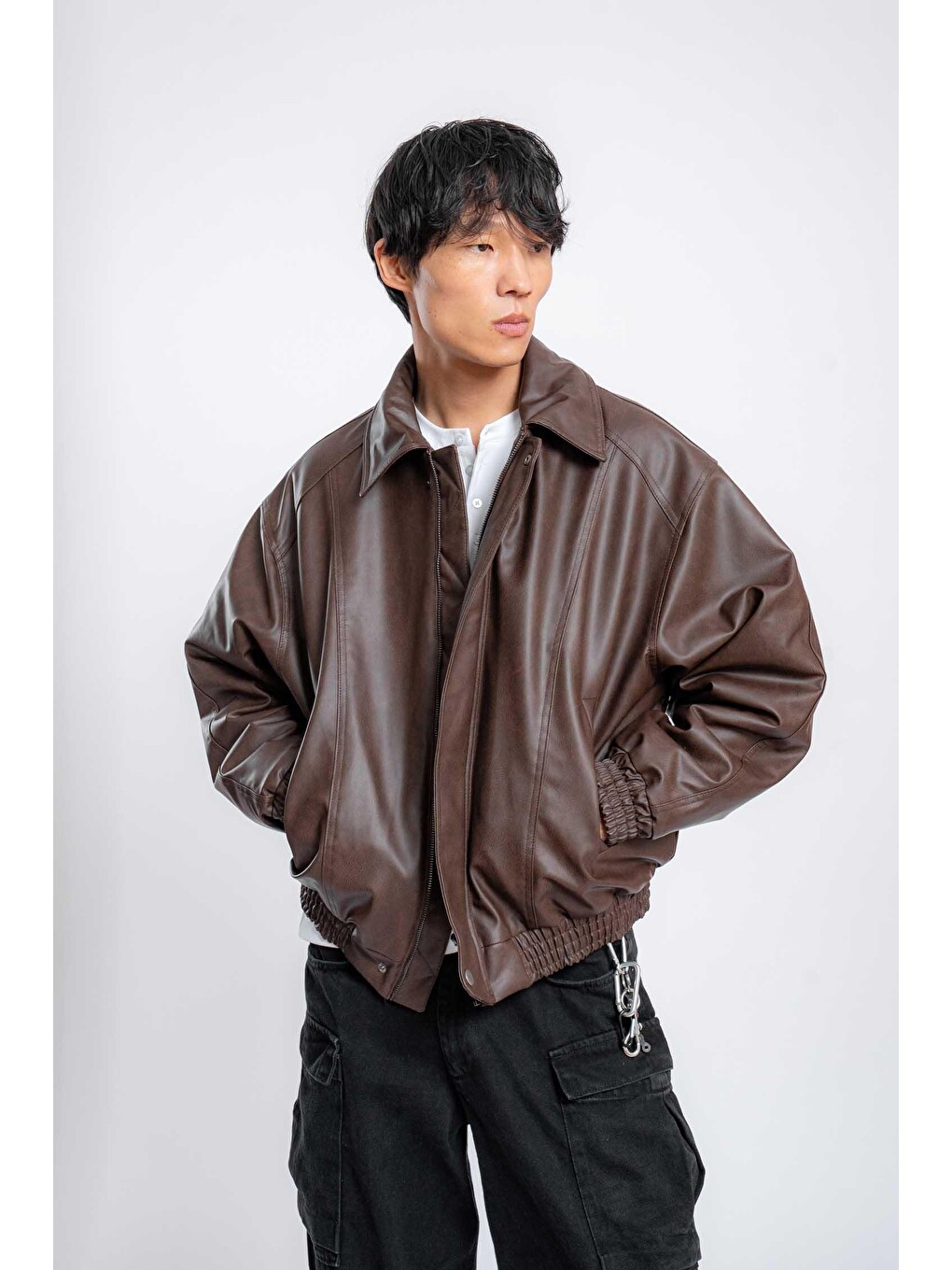 Erkek Oversize Fermuarlı Basic Deri Mont Kahverengi-5