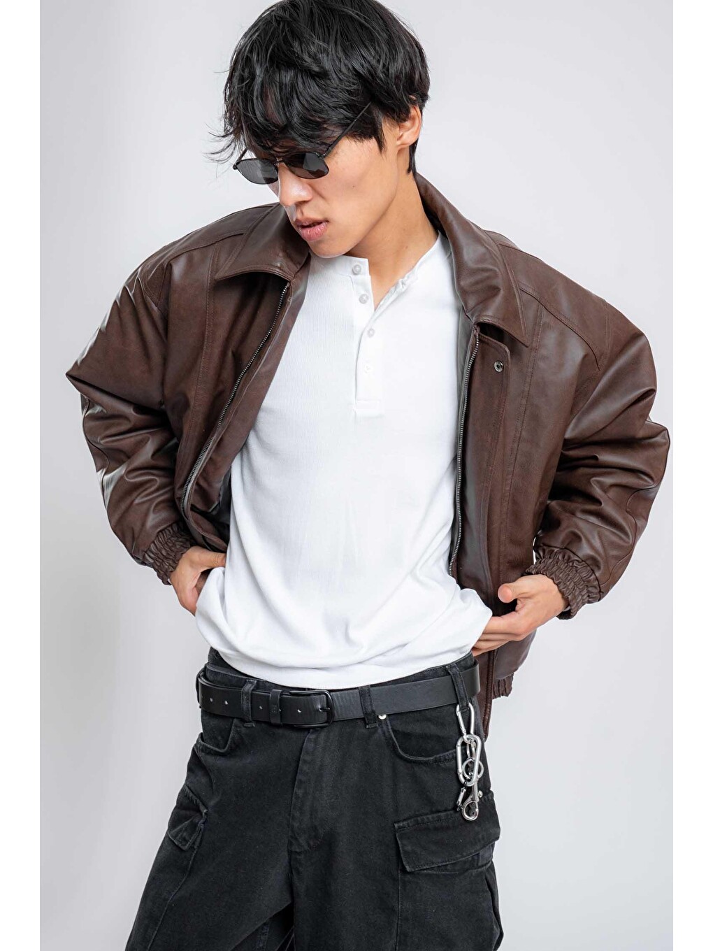 Erkek Oversize Fermuarlı Basic Deri Mont Kahverengi-6