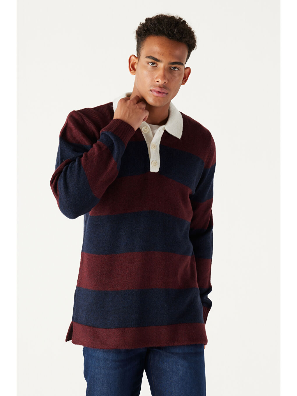 Erkek Bordo-Lacivert Standart Fit Normal Kesim Polo Yaka Çizgili Triko-3