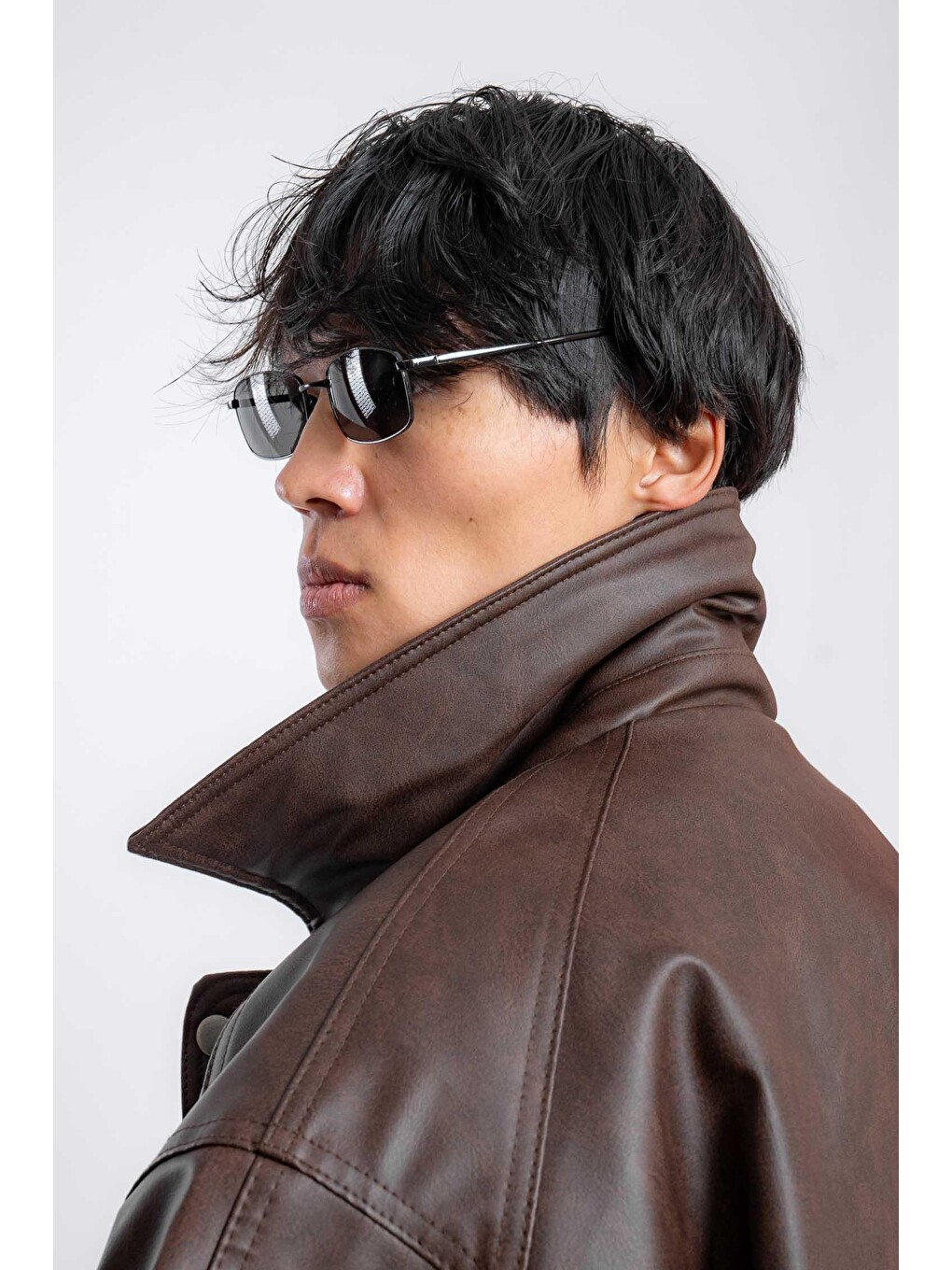 Erkek Oversize Fermuarlı Basic Deri Mont Kahverengi-7