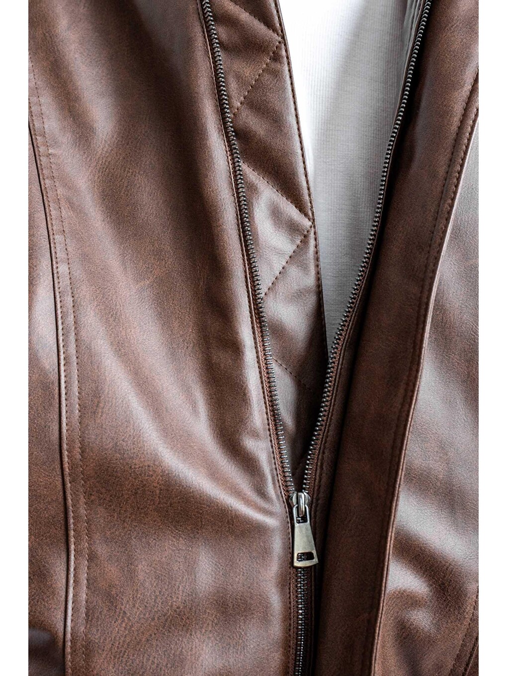 Erkek Oversize Fermuarlı Basic Deri Mont Kahverengi-8
