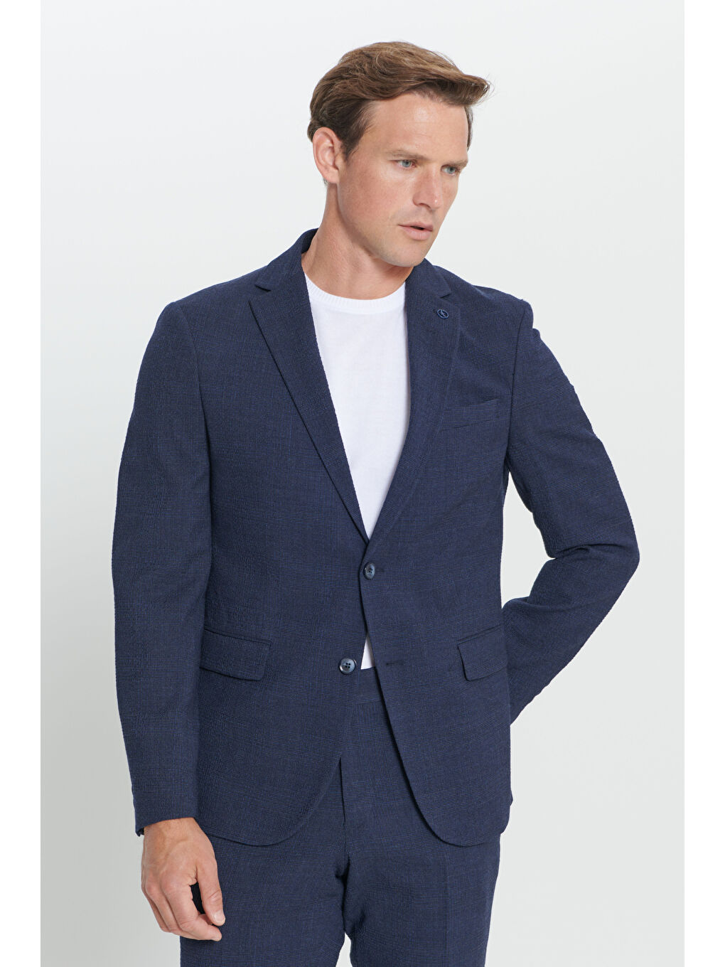 Erkek Lacivert Slim Fit Dar Kesim Mono Yaka Gofre Desenli Yünlü Takım Elbise