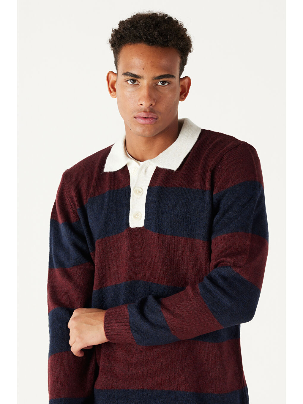 Erkek Bordo-Lacivert Standart Fit Normal Kesim Polo Yaka Çizgili Triko-4
