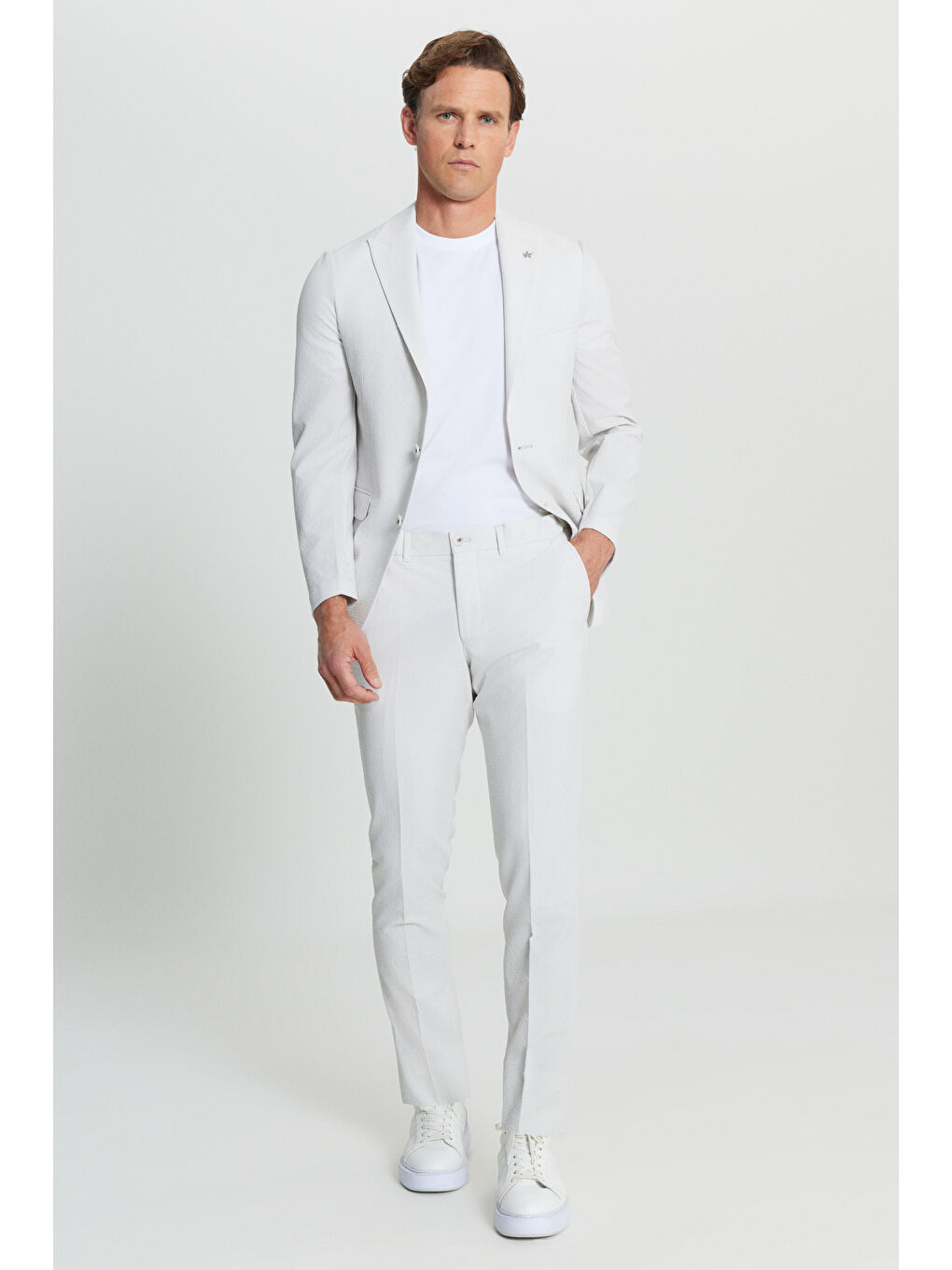 Erkek Ekru Slim Fit Dar Kesim Çizgili Gofre Desenli Kapak Cepli Esnek Takım Elbise-1