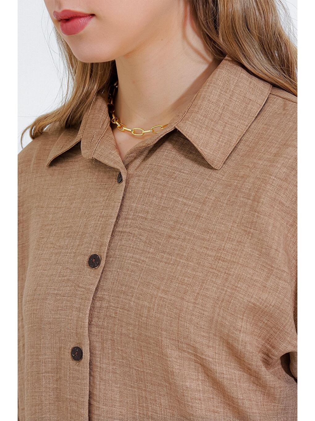 Sarı Kadın Camel Oversize Keten Alt Üst Takım 6622-3