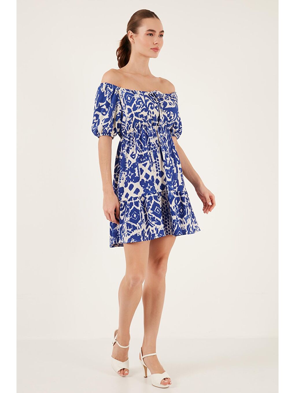 Mavi Desenli Slim Fit Önden Bağlamalı Mini Elbise 5865728-4