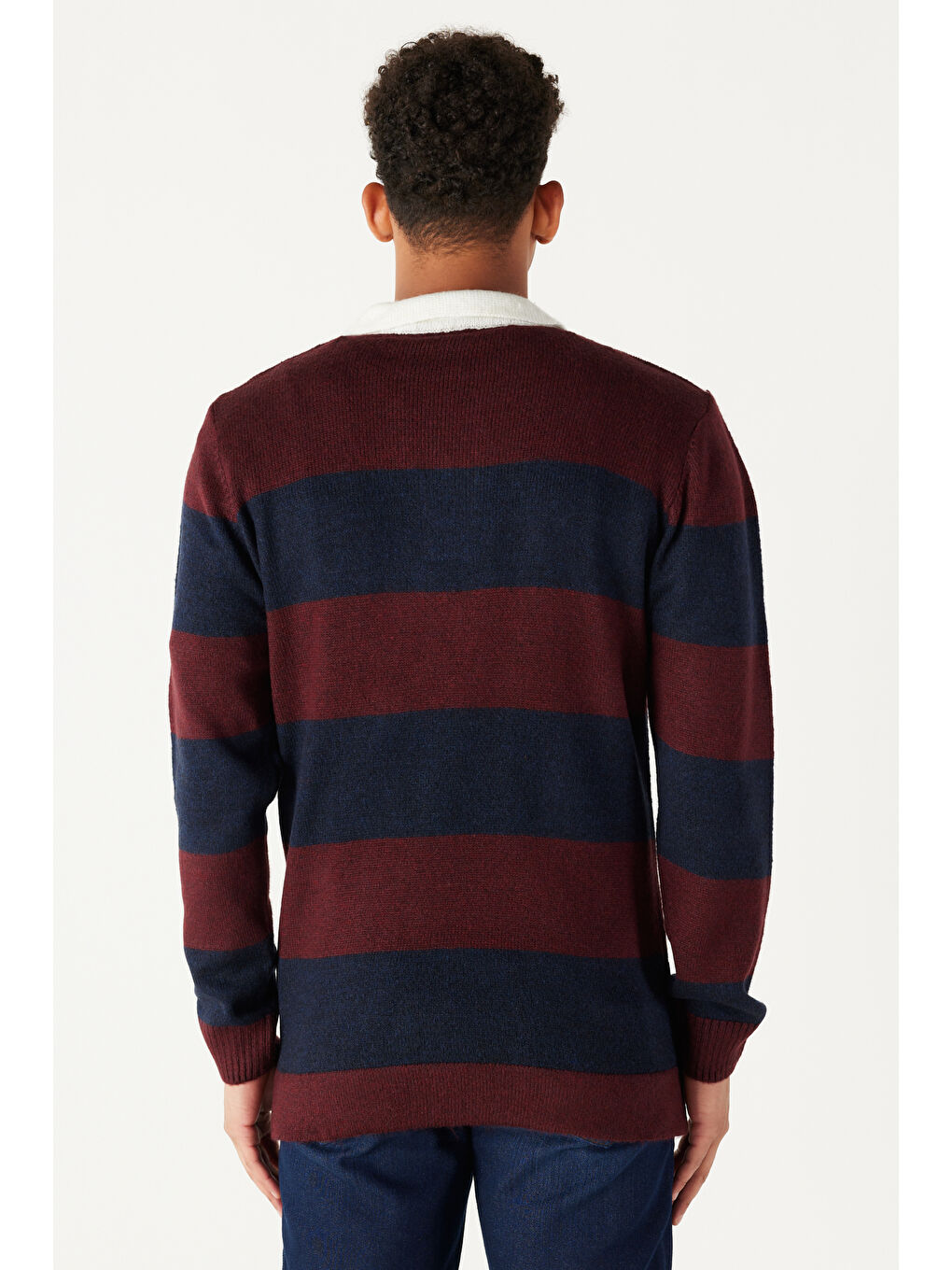 Erkek Bordo-Lacivert Standart Fit Normal Kesim Polo Yaka Çizgili Triko-5