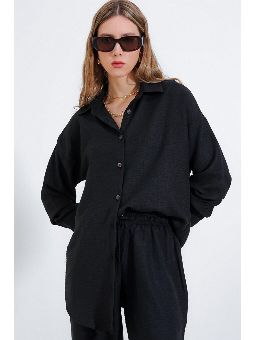 Kadın Siyah Oversize Keten Alt Üst Takım 6622-1