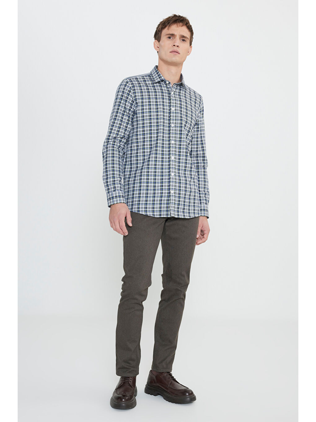 Erkek Haki-Beyaz %100 Pamuk Oxford Slim Fit Dar Kesim Klasik Yaka Kareli Gömlek-1