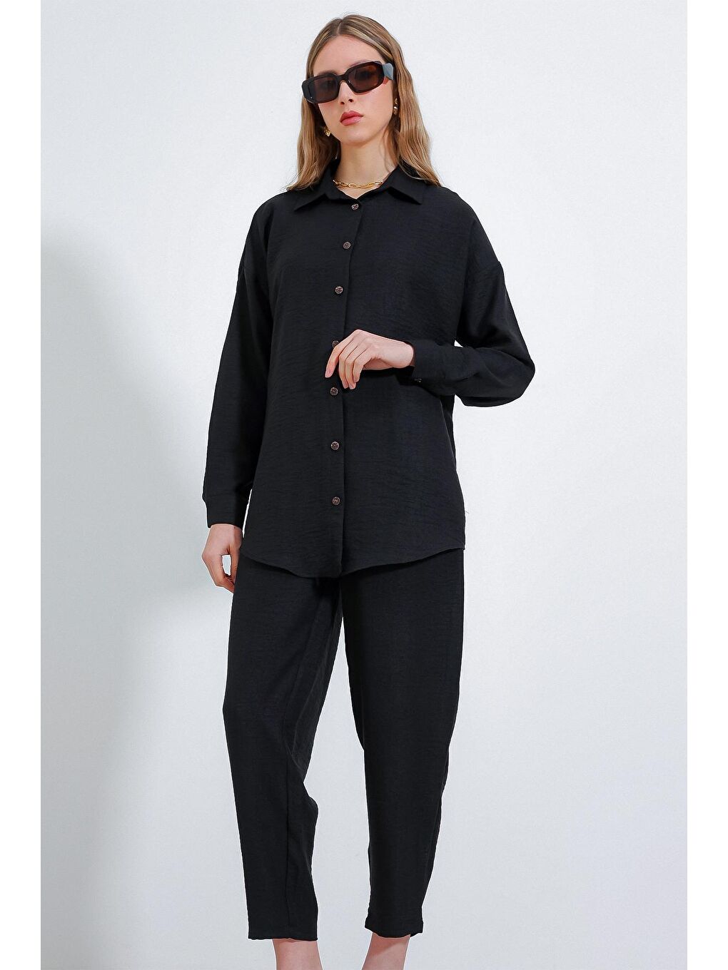 Kadın Siyah Oversize Keten Alt Üst Takım 6622-3