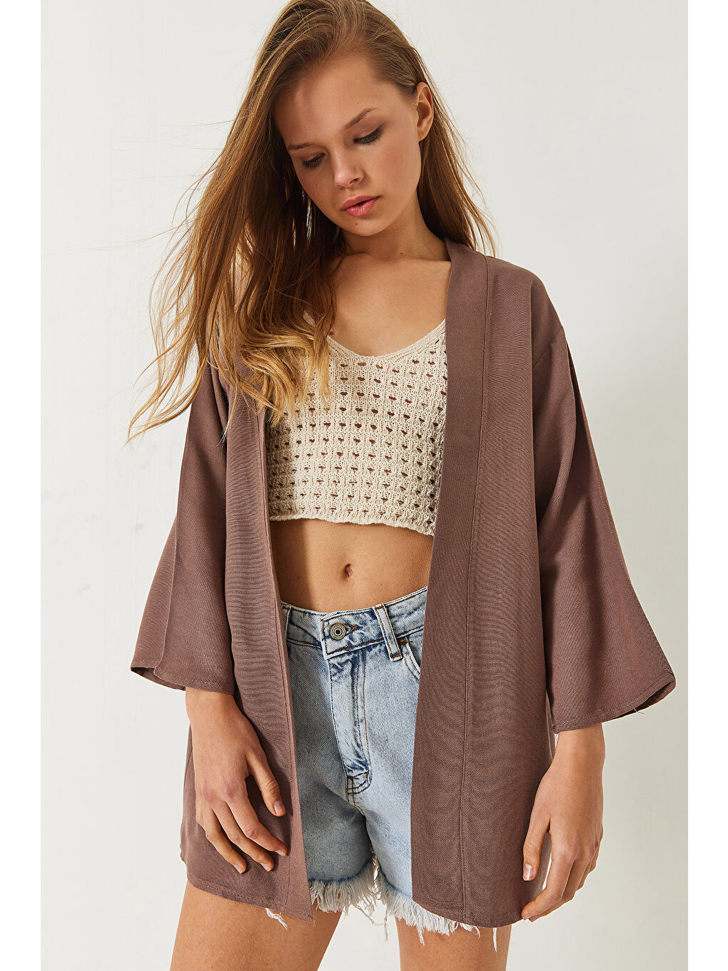 Bej Kadın Keten Dokulu Kısa Basic Kimono