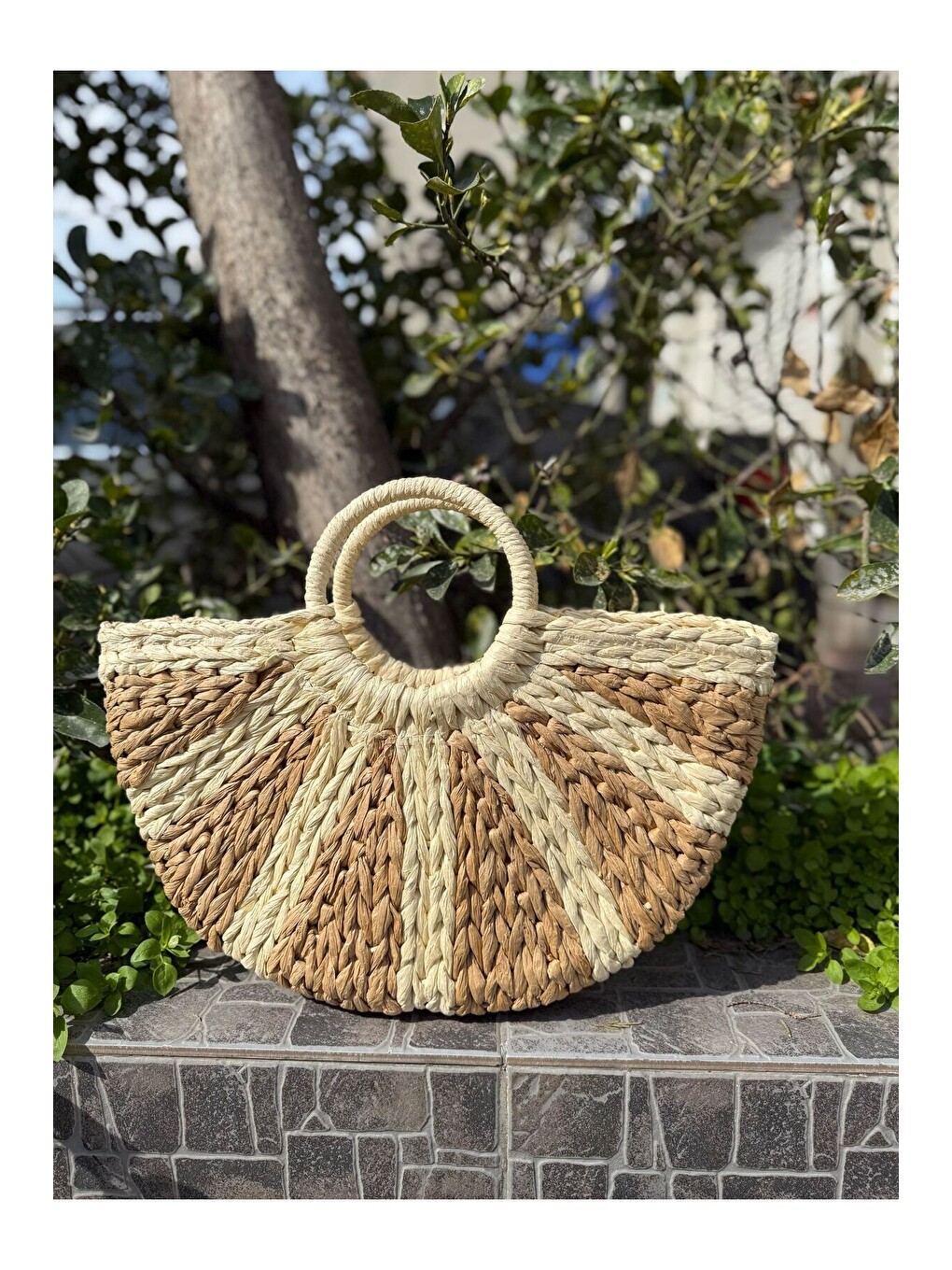 Ekru Camel Bej Hasır Çanta 25x40 Cm CNT1055-1