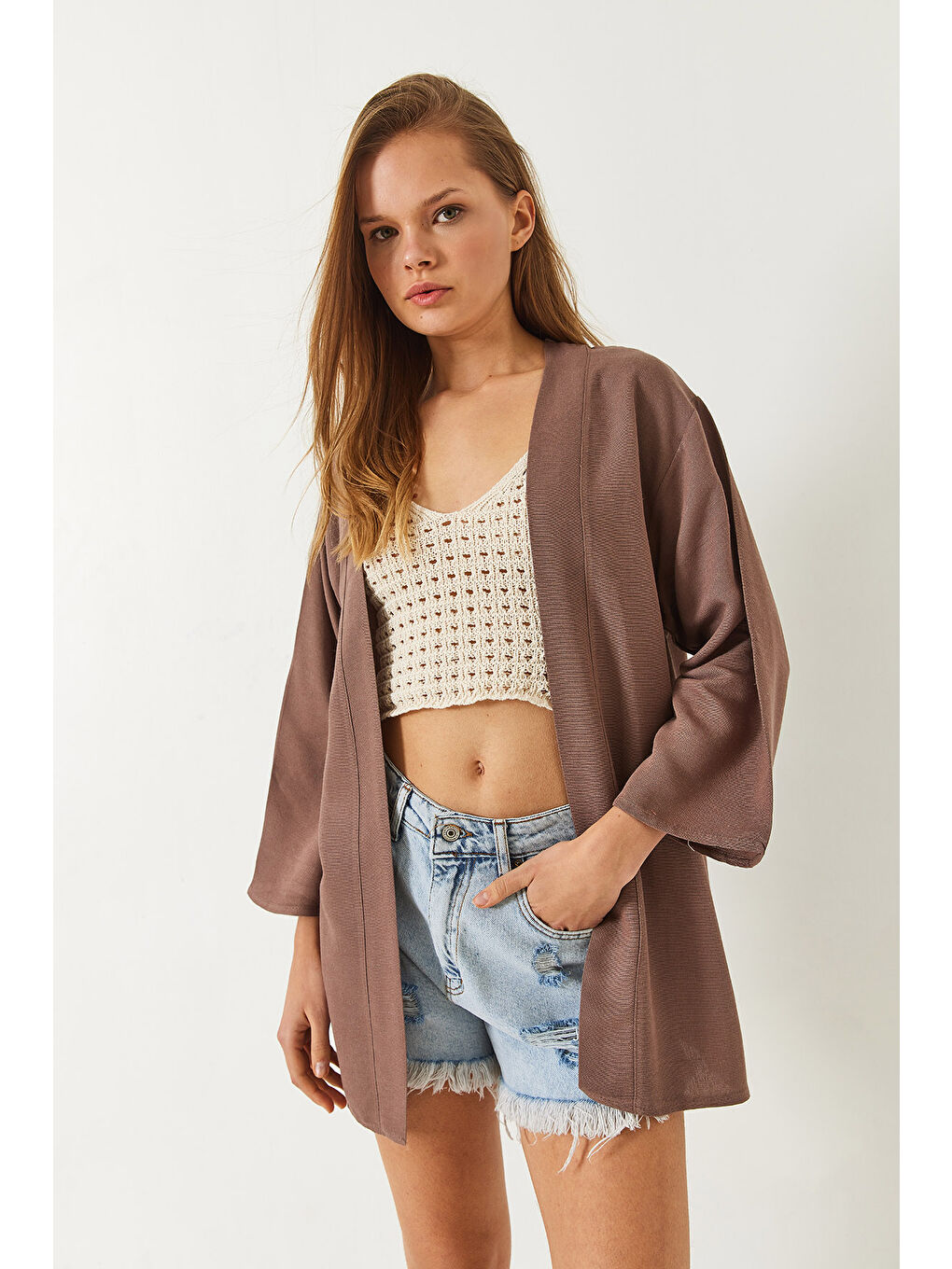 Bej Kadın Keten Dokulu Kısa Basic Kimono-1