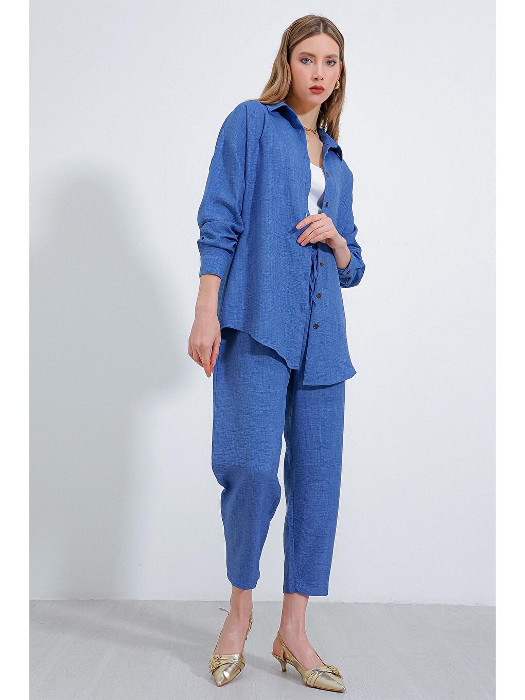 Kadın İndigo Oversize Keten Alt Üst Takım 6622