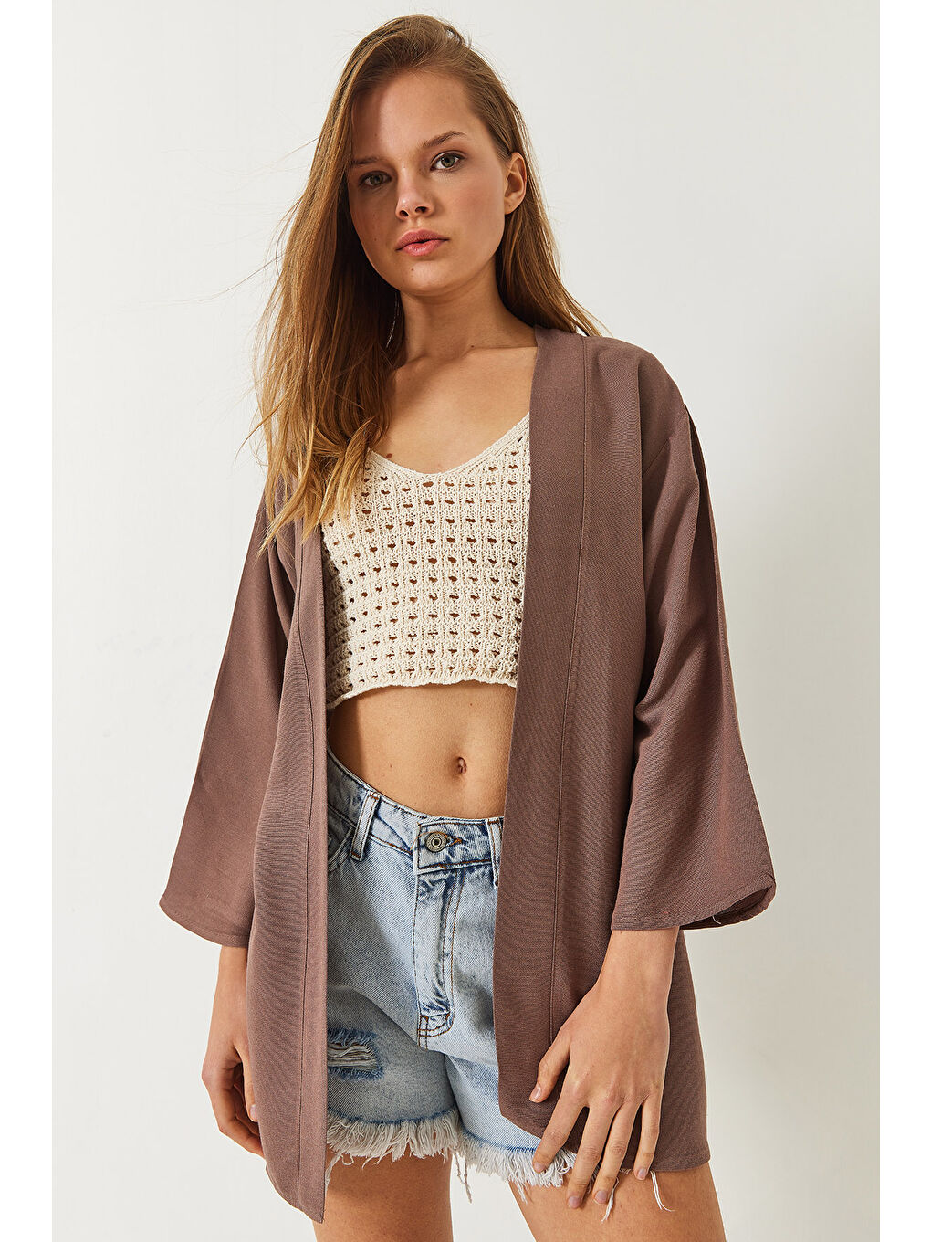 Bej Kadın Keten Dokulu Kısa Basic Kimono-2