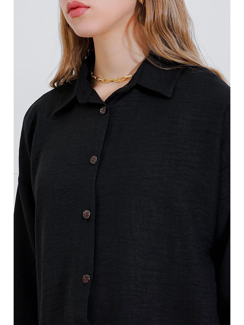 Kadın Siyah Oversize Keten Alt Üst Takım 6622-4