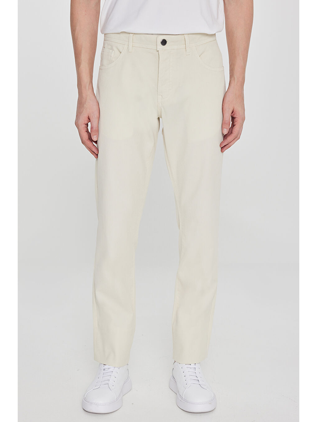 Bej Erkek Taş Pamuklu Slim Fit Dar Kesim 5 Cepli Armürlü Esnek Pantolon-1