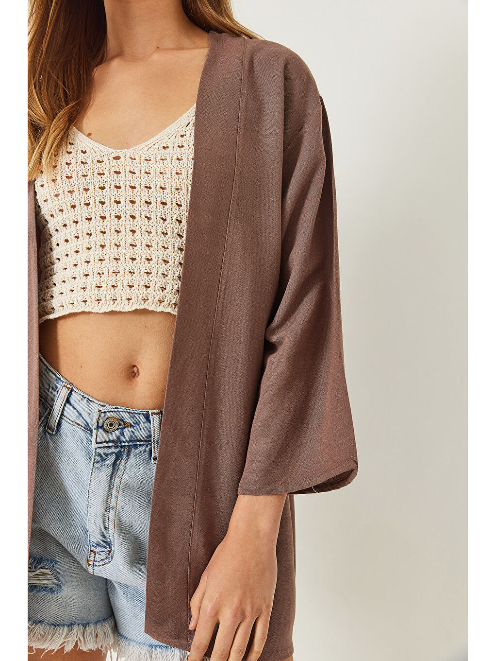 Bej Kadın Keten Dokulu Kısa Basic Kimono-3