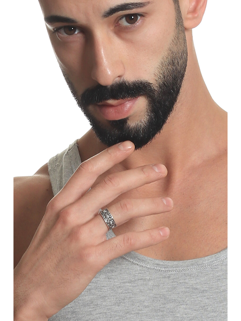 Gri Erkek Antik Gümüş Kaplama Ayarlanabilir Otantik Yüzük-7