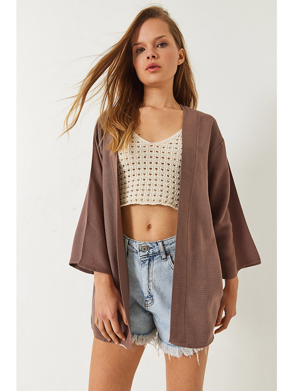 Bej Kadın Keten Dokulu Kısa Basic Kimono-4