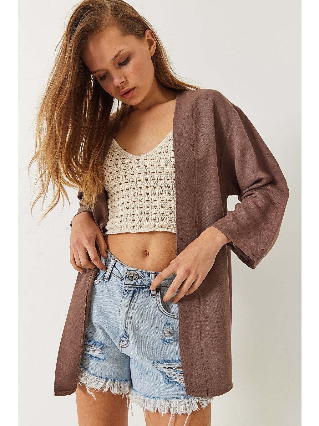 Bej Kadın Keten Dokulu Kısa Basic Kimono-5