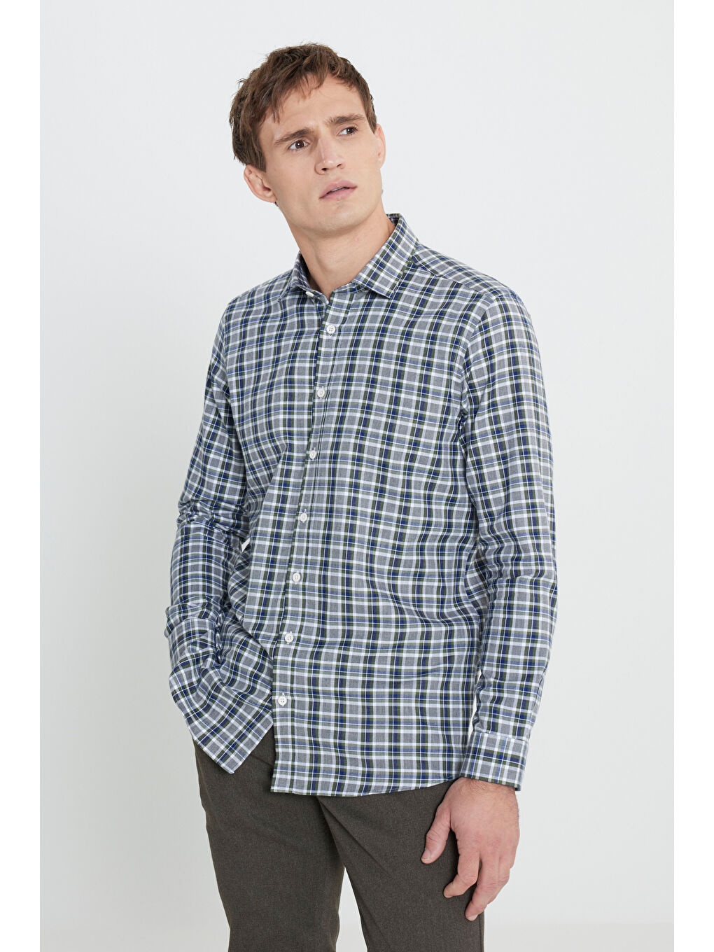 Erkek Haki-Beyaz %100 Pamuk Oxford Slim Fit Dar Kesim Klasik Yaka Kareli Gömlek-2