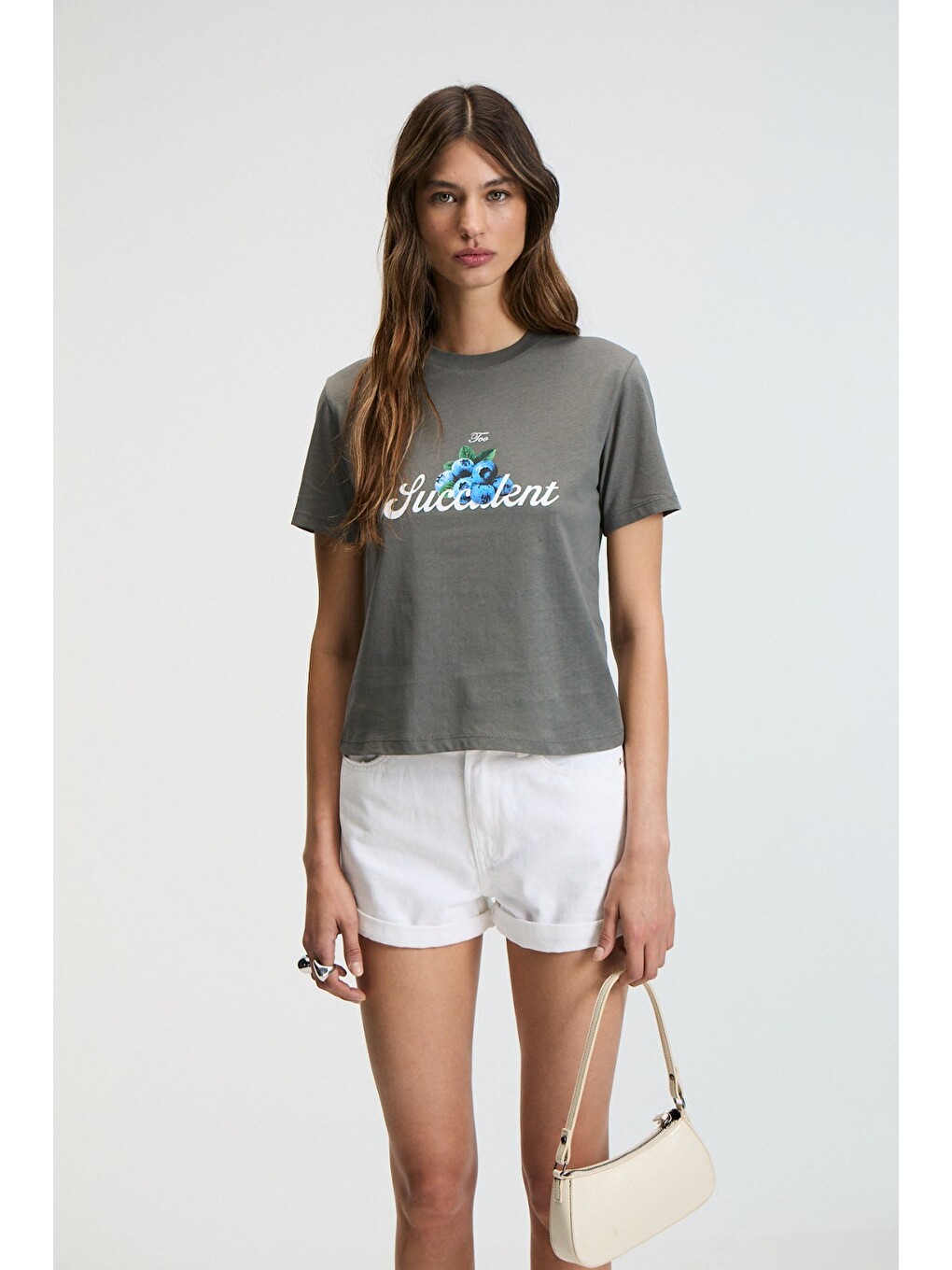 Elvera Kadın %100 Pamuk Comfort Fit Baskılı Kısa Kollu Yuvarlak Yaka Antrasit T-shirt