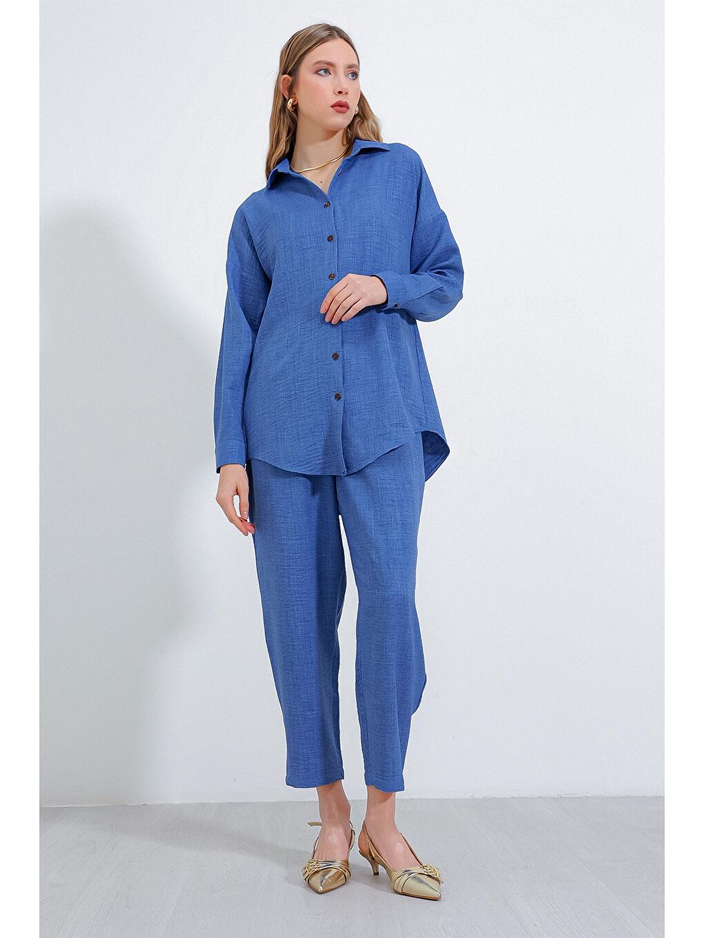 Kadın İndigo Oversize Keten Alt Üst Takım 6622-1