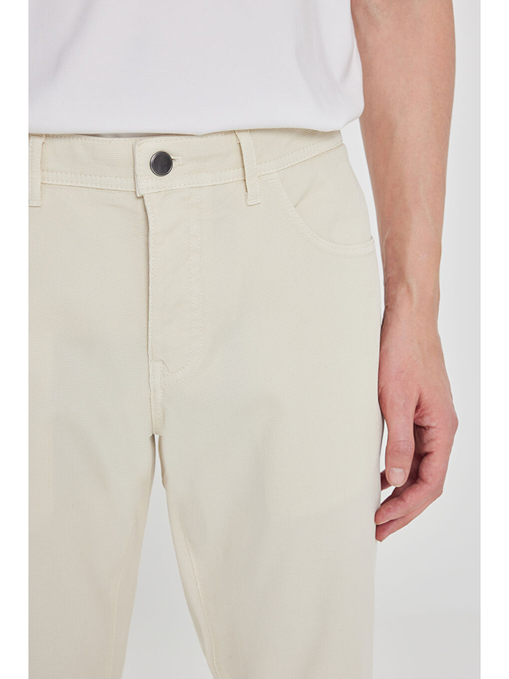 Bej Erkek Taş Pamuklu Slim Fit Dar Kesim 5 Cepli Armürlü Esnek Pantolon-3