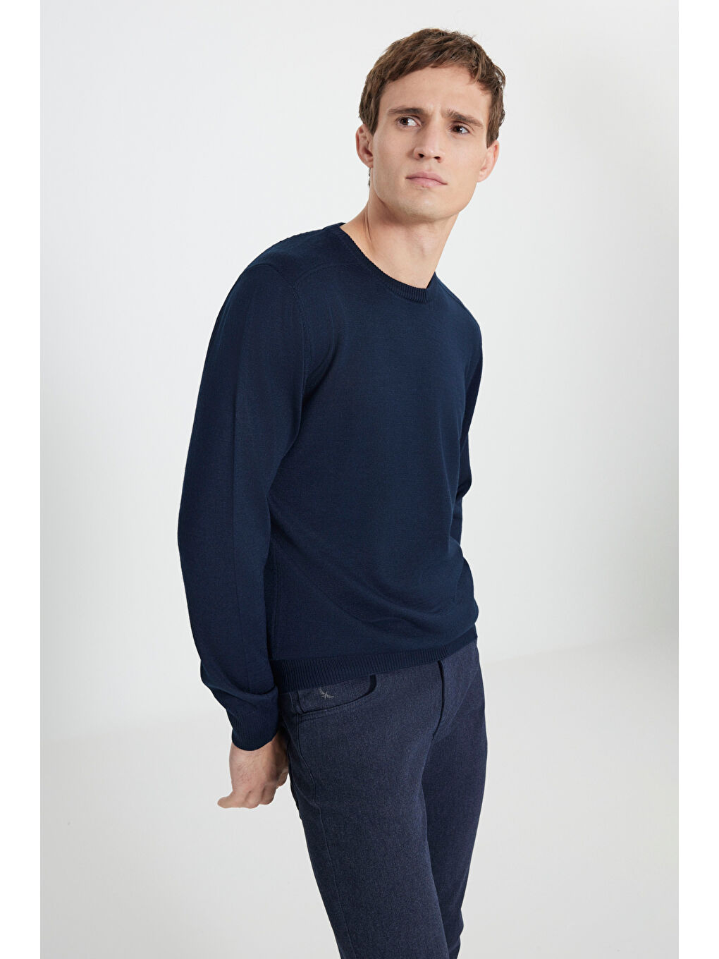 Erkek Lacivert Yünlü Sıcak Tutan Standart Fit Normal Kesim Bisiklet Yaka Triko Kazak-2