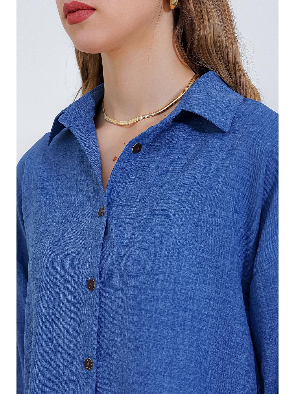 Kadın İndigo Oversize Keten Alt Üst Takım 6622-2