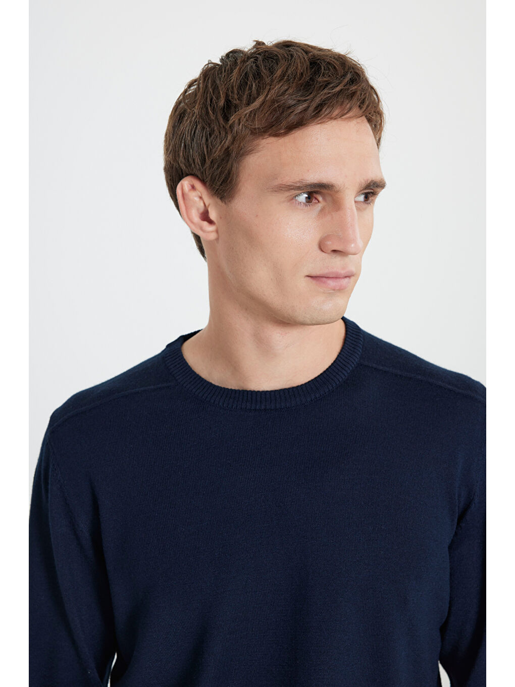 Erkek Lacivert Yünlü Sıcak Tutan Standart Fit Normal Kesim Bisiklet Yaka Triko Kazak-3