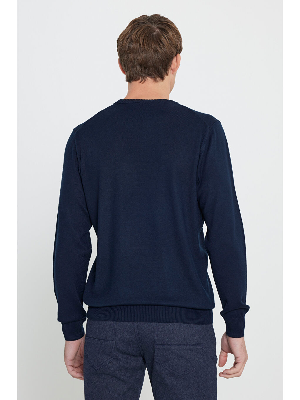 Erkek Lacivert Yünlü Sıcak Tutan Standart Fit Normal Kesim Bisiklet Yaka Triko Kazak-4