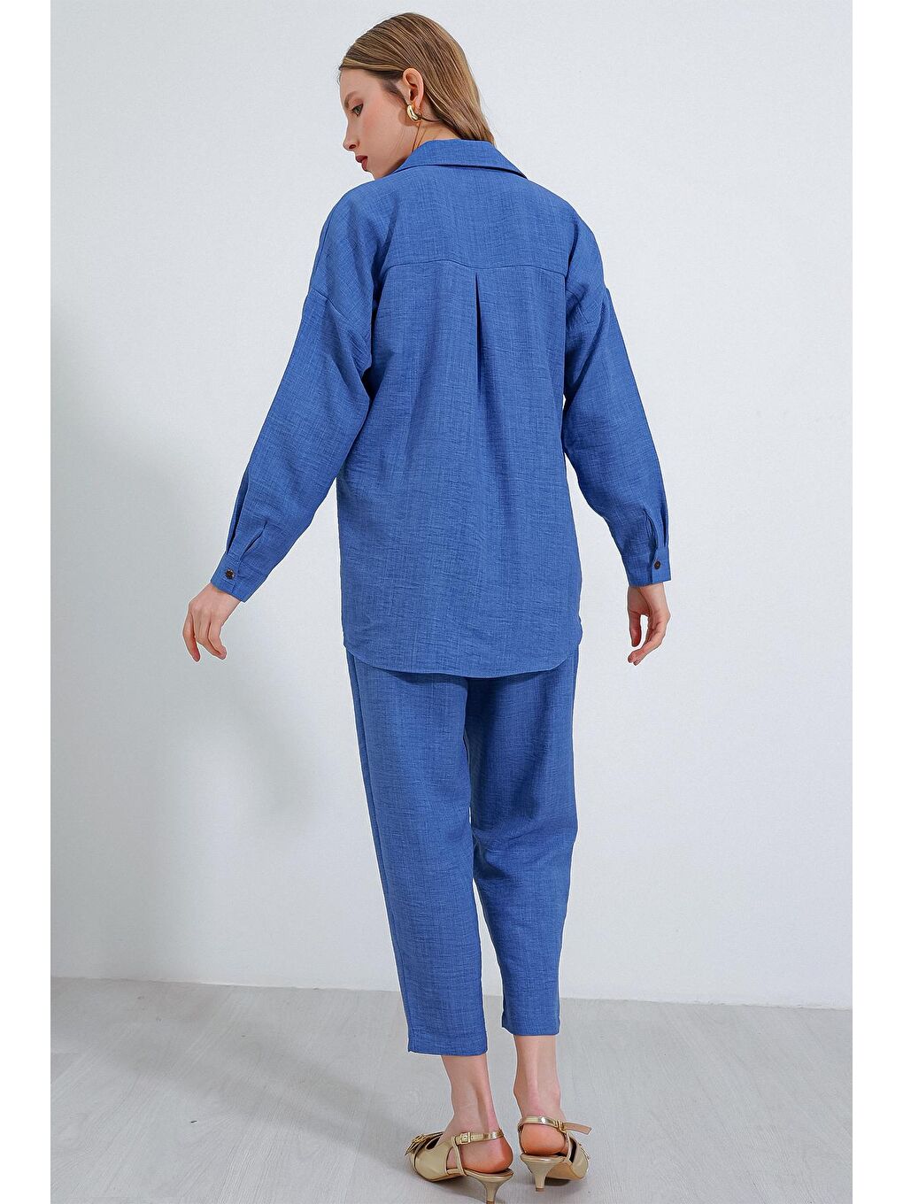Kadın İndigo Oversize Keten Alt Üst Takım 6622-3