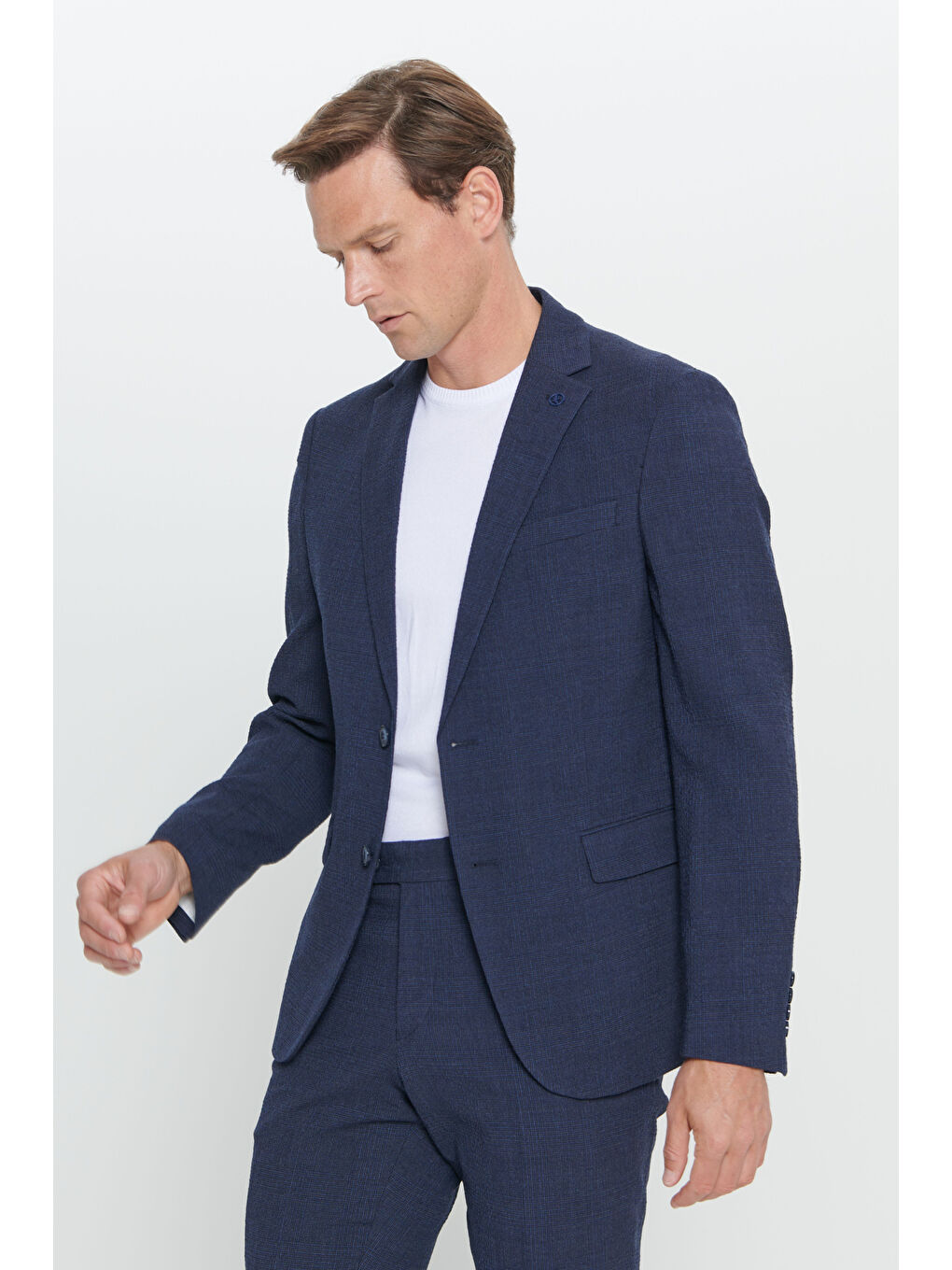 Erkek Lacivert Slim Fit Dar Kesim Mono Yaka Gofre Desenli Yünlü Takım Elbise-4