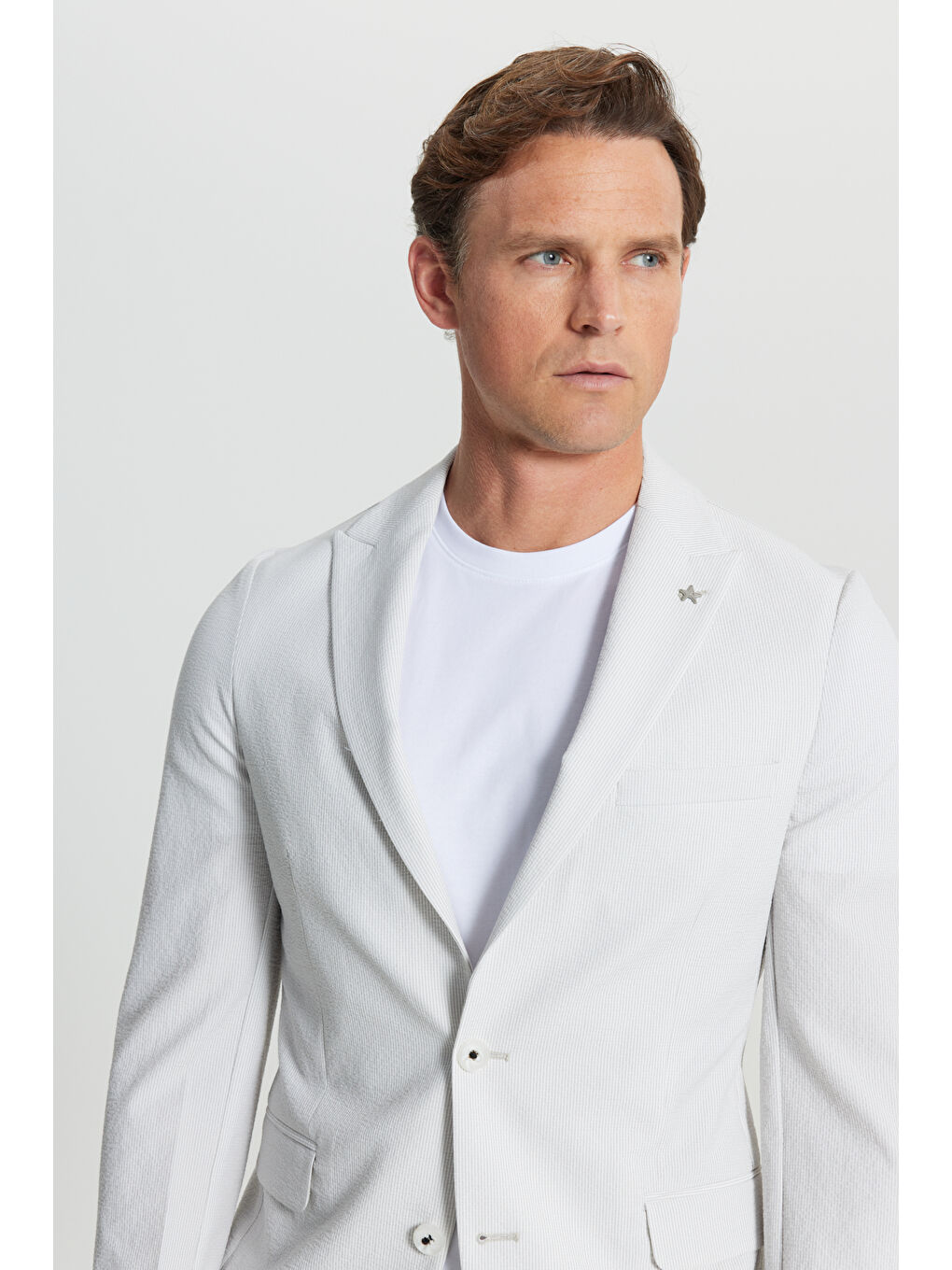 Erkek Ekru Slim Fit Dar Kesim Çizgili Gofre Desenli Kapak Cepli Esnek Takım Elbise-3