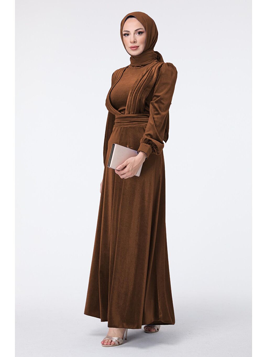 Düz Hakim Yaka Kadın Kahverengi Abiye Elbise - 23428-1