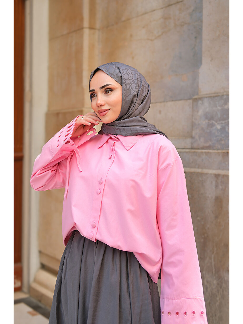 Kadın Kolu Nakışlı Gömlek Pembe-2