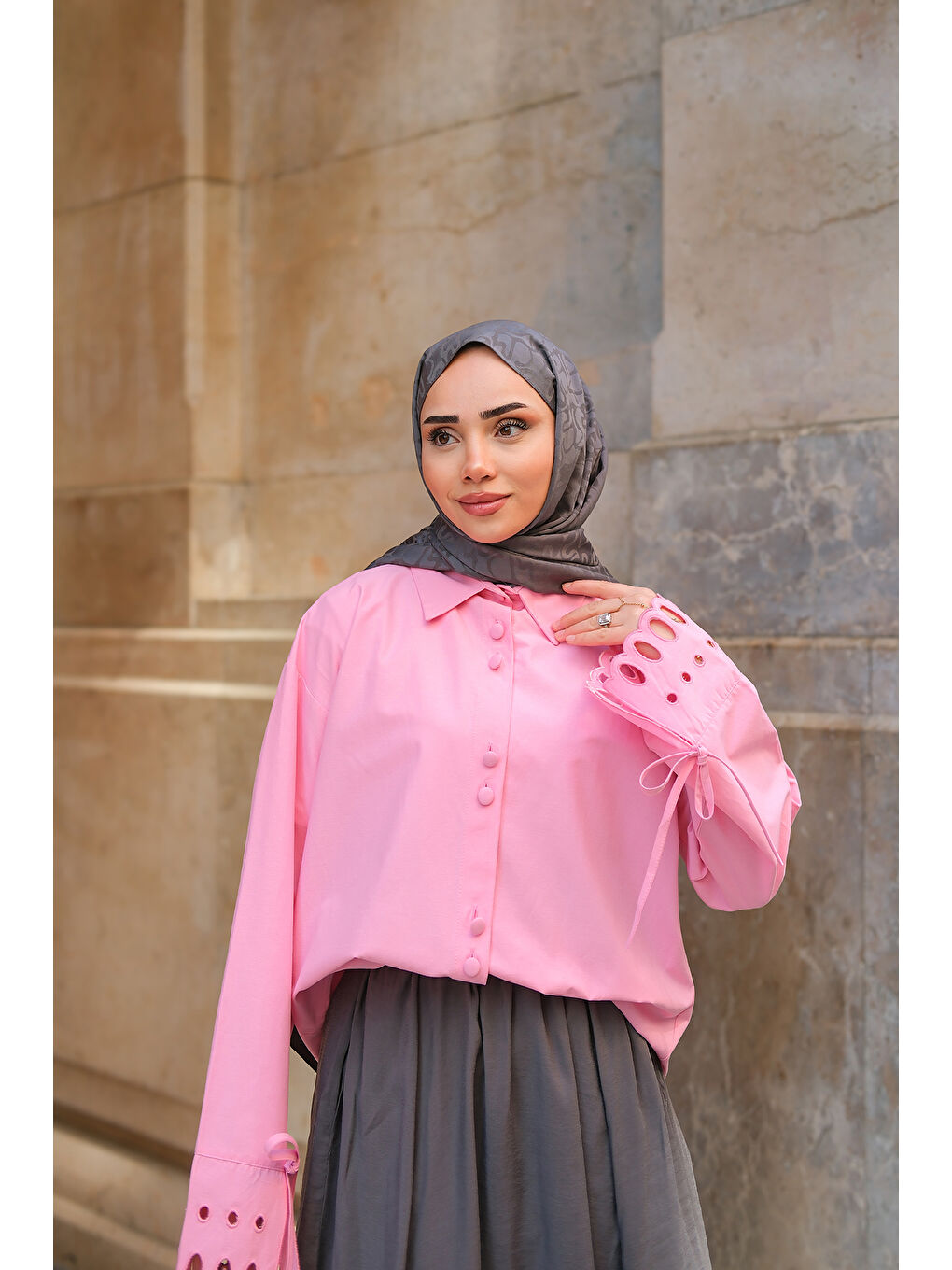 Kadın Kolu Nakışlı Gömlek Pembe-3