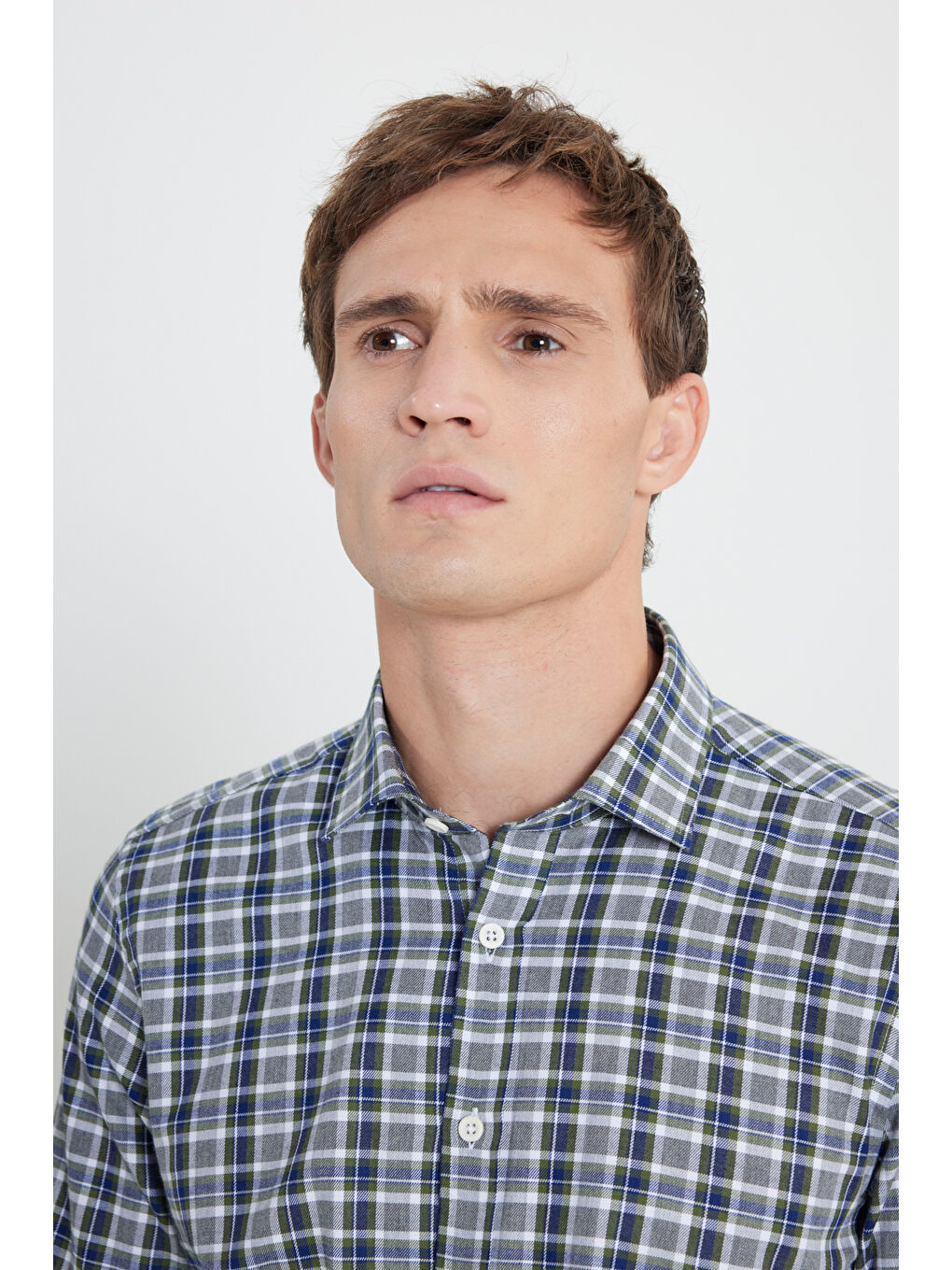 Erkek Haki-Beyaz %100 Pamuk Oxford Slim Fit Dar Kesim Klasik Yaka Kareli Gömlek-3