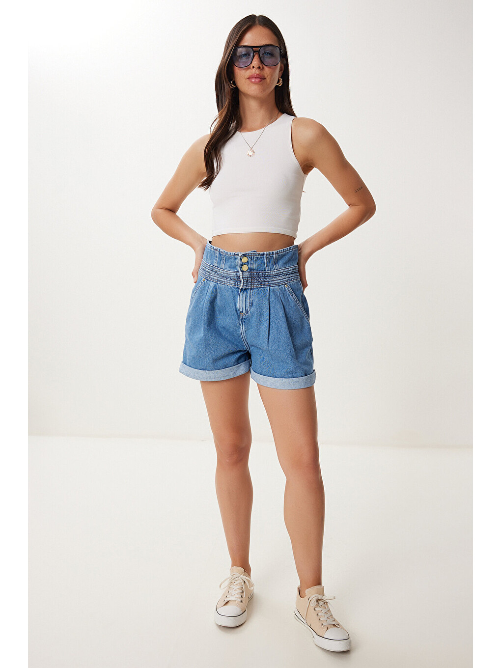 Mavi Yüksek Bel Denim Şort AÇIK MAVİ LUT0019-1